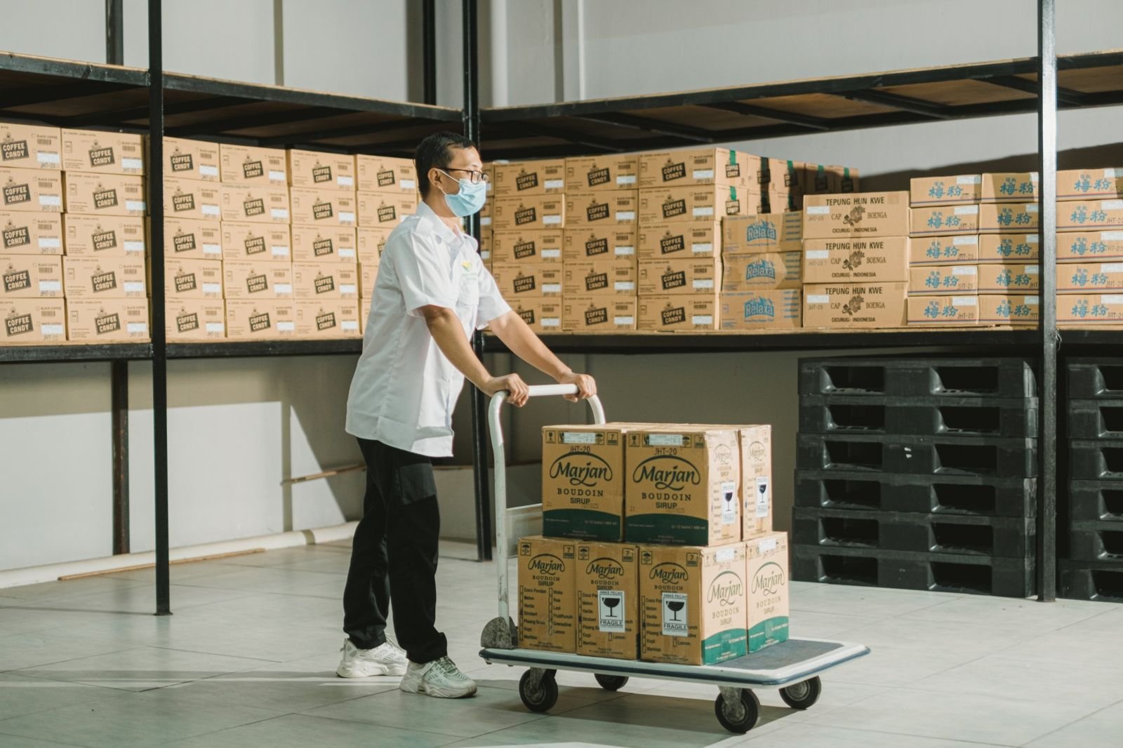 Marjan syrup cartons on a trolley