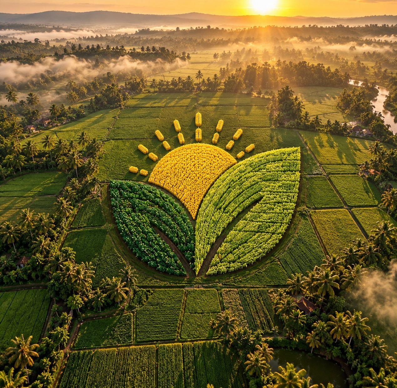 Aerial view of green Indonesian farmland at sunrise, shaped like the Java Harvest Trading logo